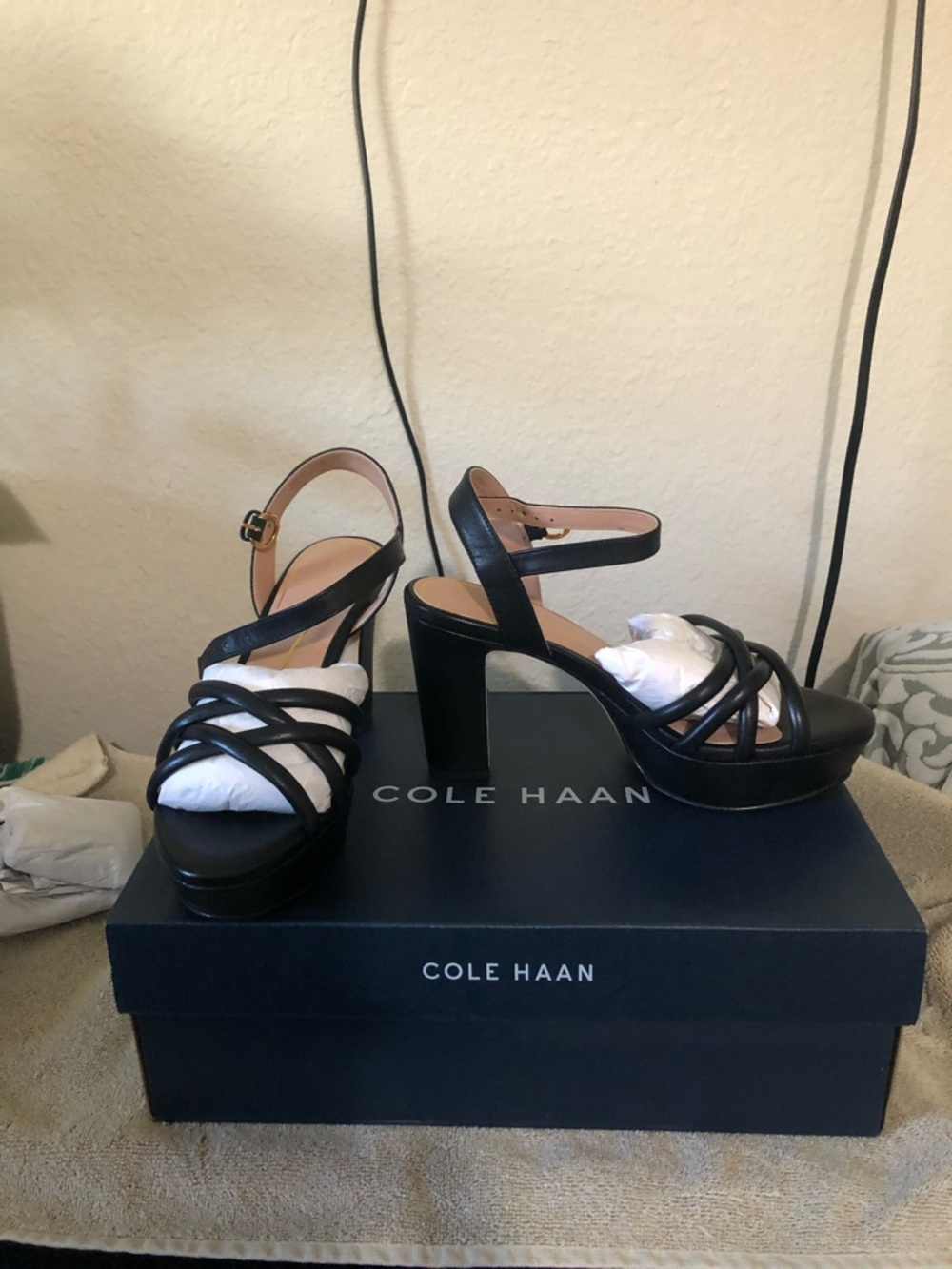 Cole Haan Black Strappy Platform Slingback Heels